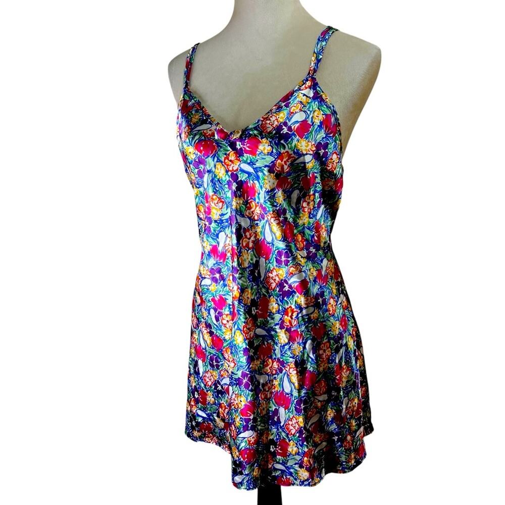 Vintage 80s/90s Val Mode Floral Satin Slip Dress Chemise | Large | Made in USA